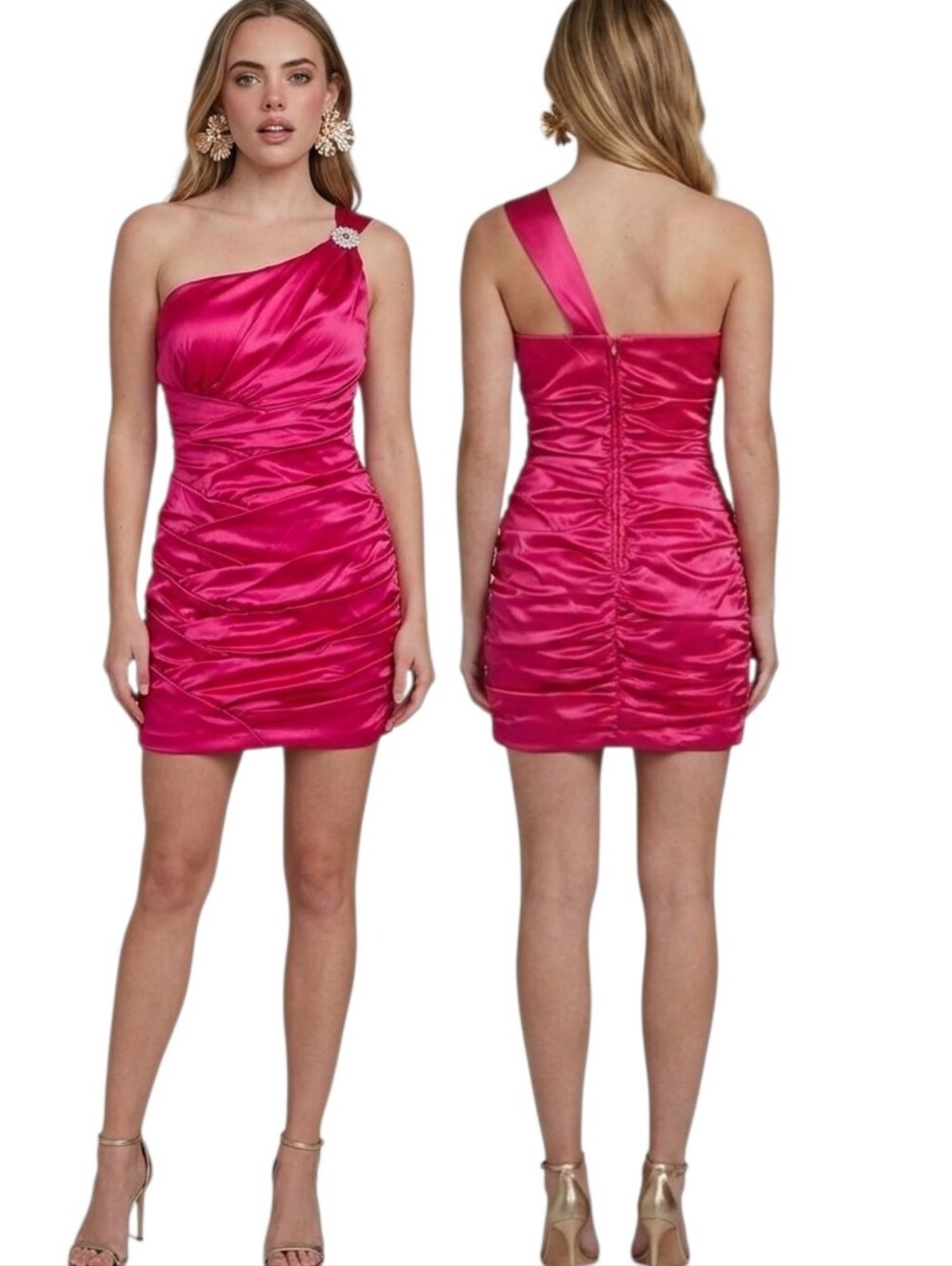 BISOU BISOU Y2K One Shoulder Ruched Satin Cocktail Dress - Size 12
